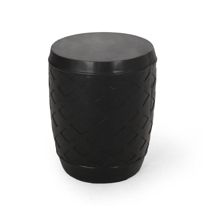 Outdoor Side End Table, 16 Inch Lattice Pattern, Black Concrete Finish - Benzara