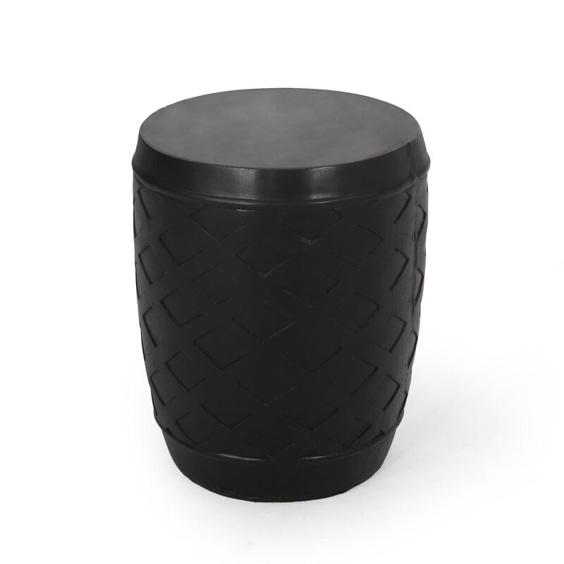 Outdoor Side End Table, 16 Inch Lattice Pattern, Black Concrete Finish - Benzara