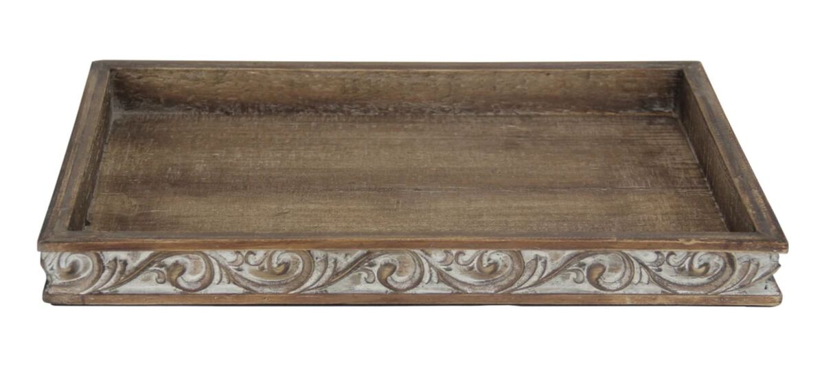 16.5" Brown Rectangular Decorative Handmade Tray with Side Carvings