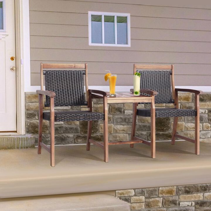 Hivvago 2-Seat Patio Rattan Acacia Wood Chair with Coffee Table