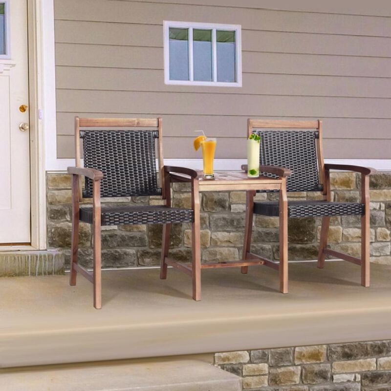 Hivvago 2-Seat Patio Rattan Acacia Wood Chair with Coffee Table