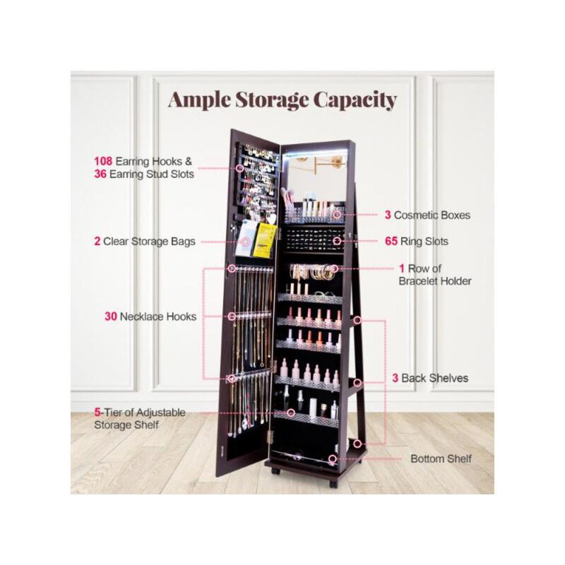 Hivvago 64 Inches Lockable Jewelry Cabinet Armoire with Built-in Makeup Mirror
