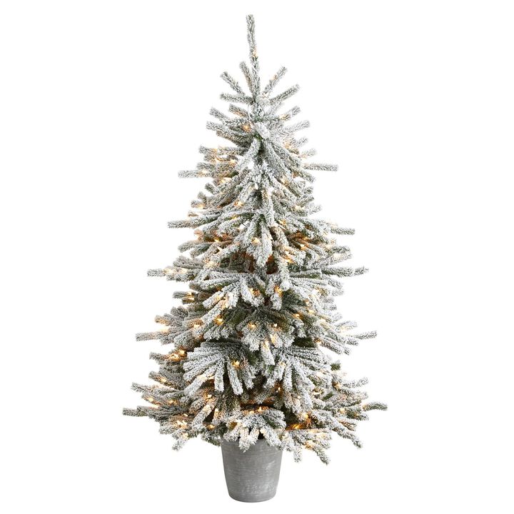 Nearly Natural 6-ft Flocked Long Vermont Pine Artificial Christmas Tree with 758 Bendable Branches and 250 LED Lights in Decorative Planter