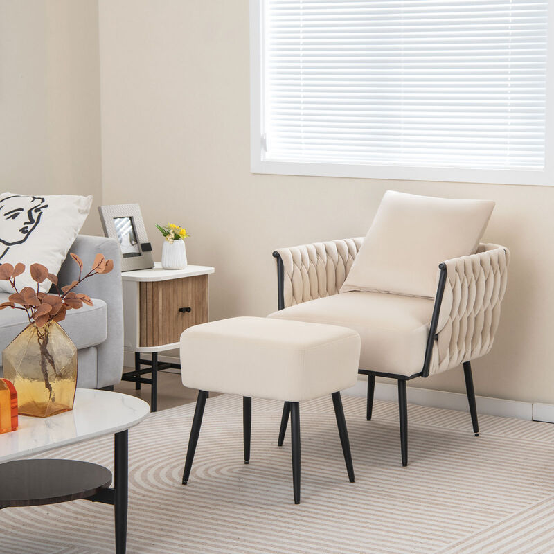 Modern Dutch Velvet Accent Chair and Ottoman Set with Weaved Back and Arms