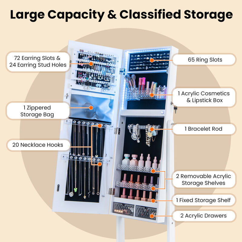 Lockable Jewelry Armoire Standing Cabinet with Lighted Full-Length Mirror