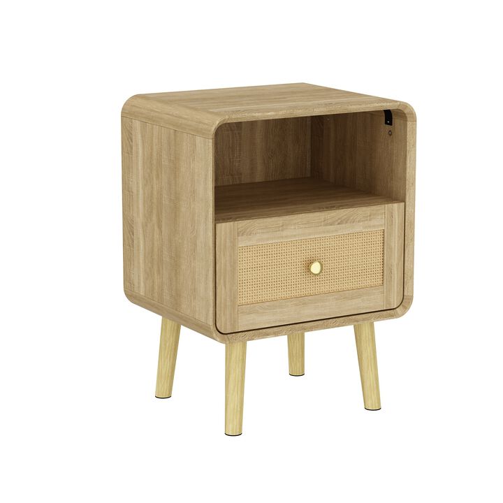 FUFU&GAGA Modern Rattan Nightstand with Drawer & Open Storage, Solid Wood Legs, Natural Wood Grain Finish, (17.7" W x 23.8" H x 13.9" D), Brown