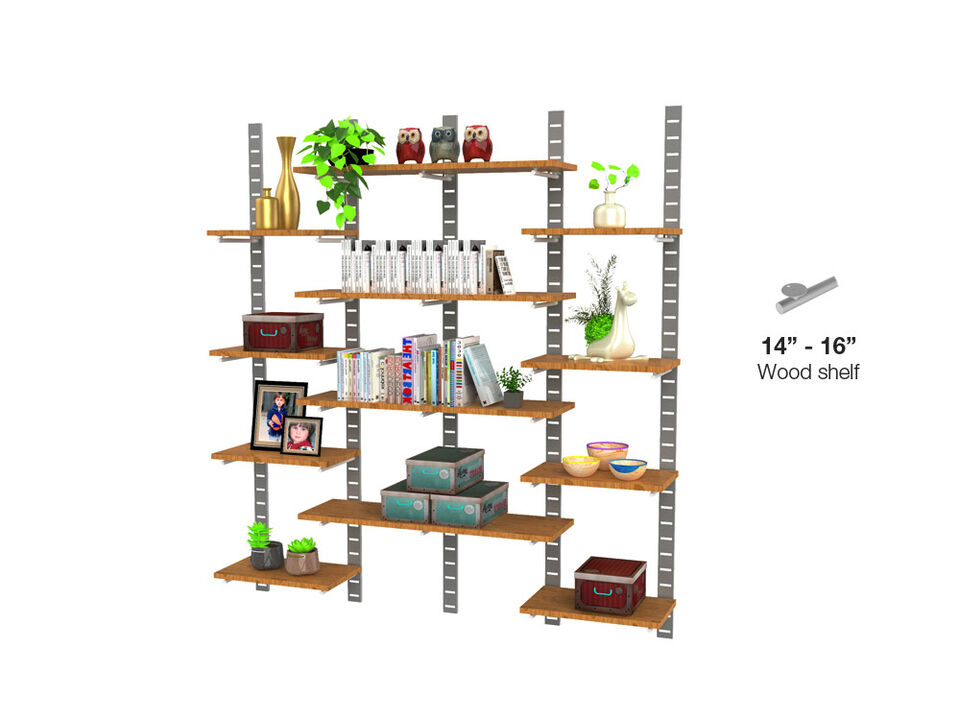 Trendy  Living Room Shelving System 91" High with  12 Mixed Wood Shelves 24" and 48" Length 14"-16" Width | 4 Sections- Shelves Sold Separately