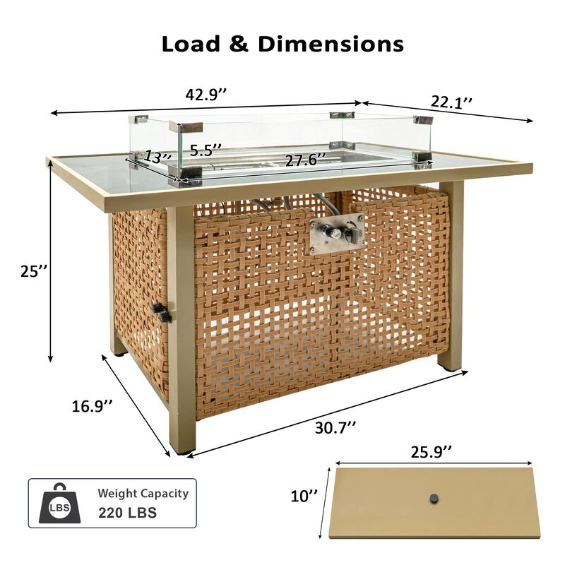 Merax 60000 BTU Rectangular Open Weave Wicker Fire Pit with Glass Wind Guard