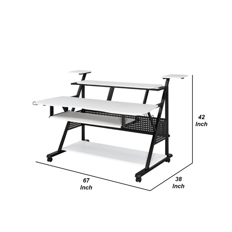 Gia 67 Inch Music Desk Workstation, Speaker Shelf, Keyboard Tray, White - Benzara