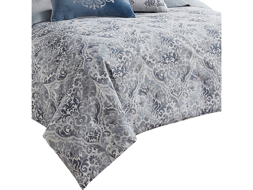 9 Piece Queen Polyester Comforter Set with Damask Prints, Blue and Gray - Benzara