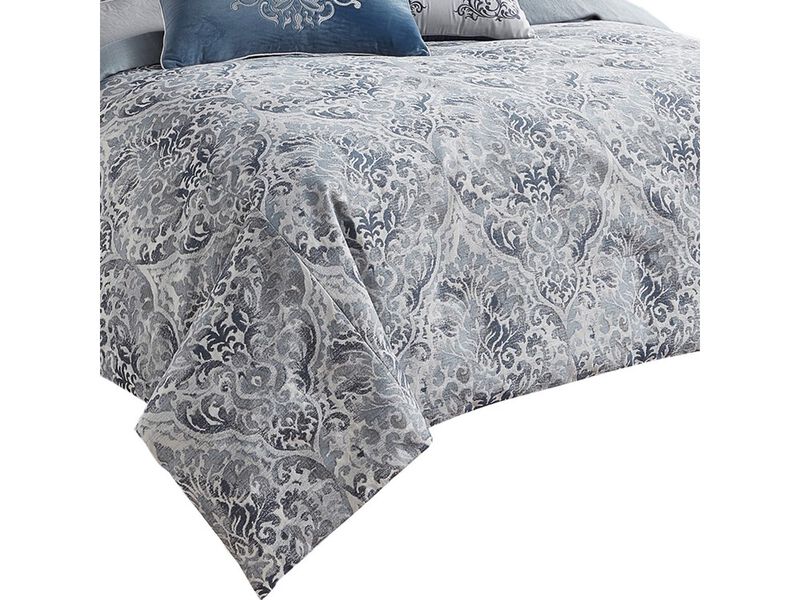 9 Piece Queen Polyester Comforter Set with Damask Prints, Blue and Gray - Benzara