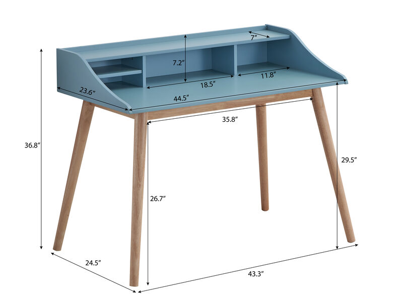 Mid-Century Modern Wood Writing Desk with Hutch, Blue