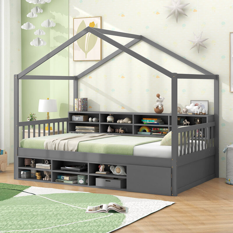 House Bed with Roof with 14 Storage Cubes and Enclosed Cabinet