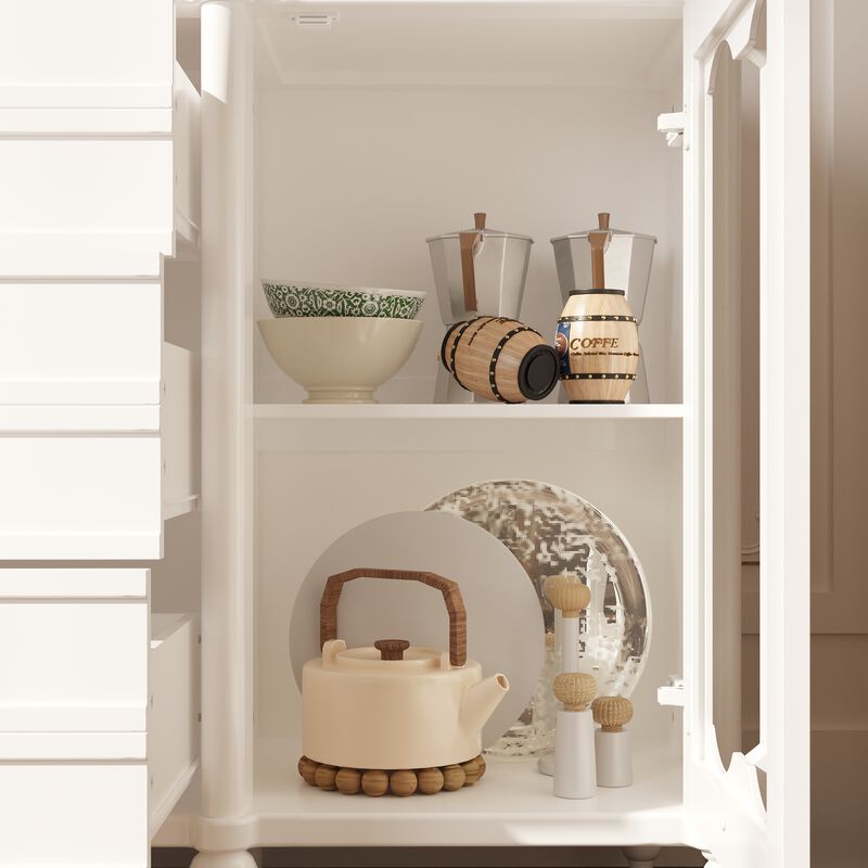 FUFU&GAGA Modern White MDF Storage Cabinet – 3 Spacious Drawers & 2 Glass-Door Compartments, Cylindrical Legs (59.1" W x 15.7" D x 35.4" H), White