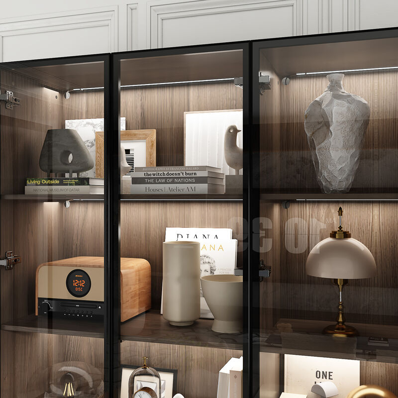 78.7”W Display Cabinet Curio Cabinet with Light & Pop-up Glass Doors, Storage Cabinet Bookcase with 5-Tier Shelves & 3 Drawers for Living Room/Home Office, Dark Brown (78.7”W x 15.7”D x 78.7”H)