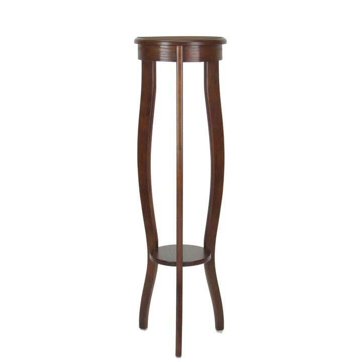 Round Pedestal Stand with Open Bottom Shelf and Flared Legs, Brown-Benzara