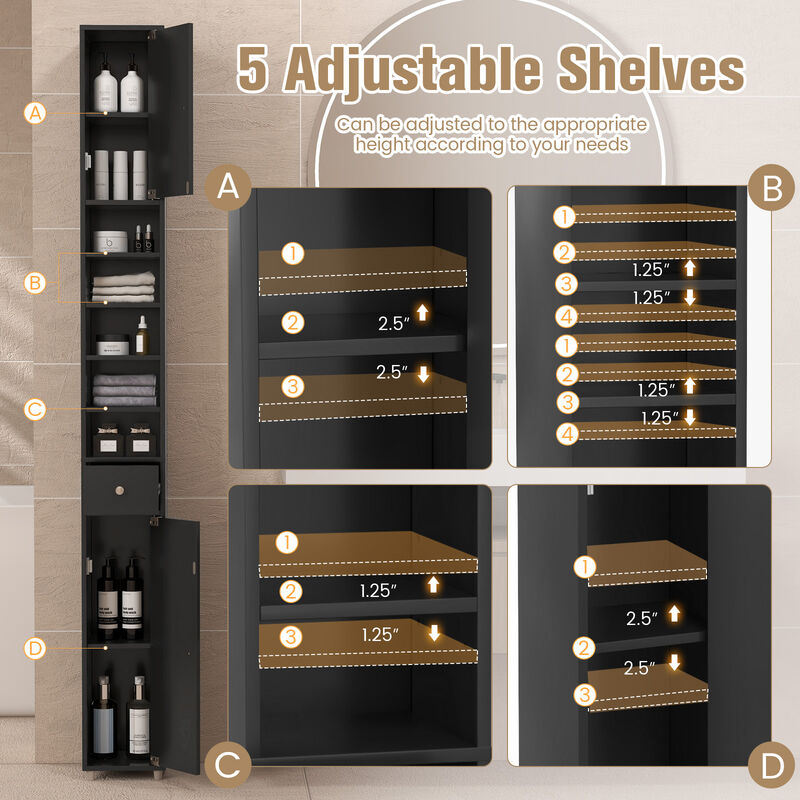 Freestanding Slim Bathroom Cabinet with Drawer and Adjustable Shelves