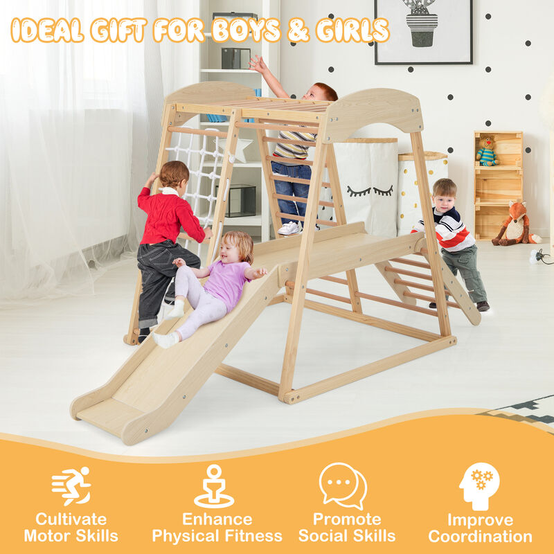 6-in-1 Indoor Jungle Gym Kids Wooden Playground with Monkey Bars