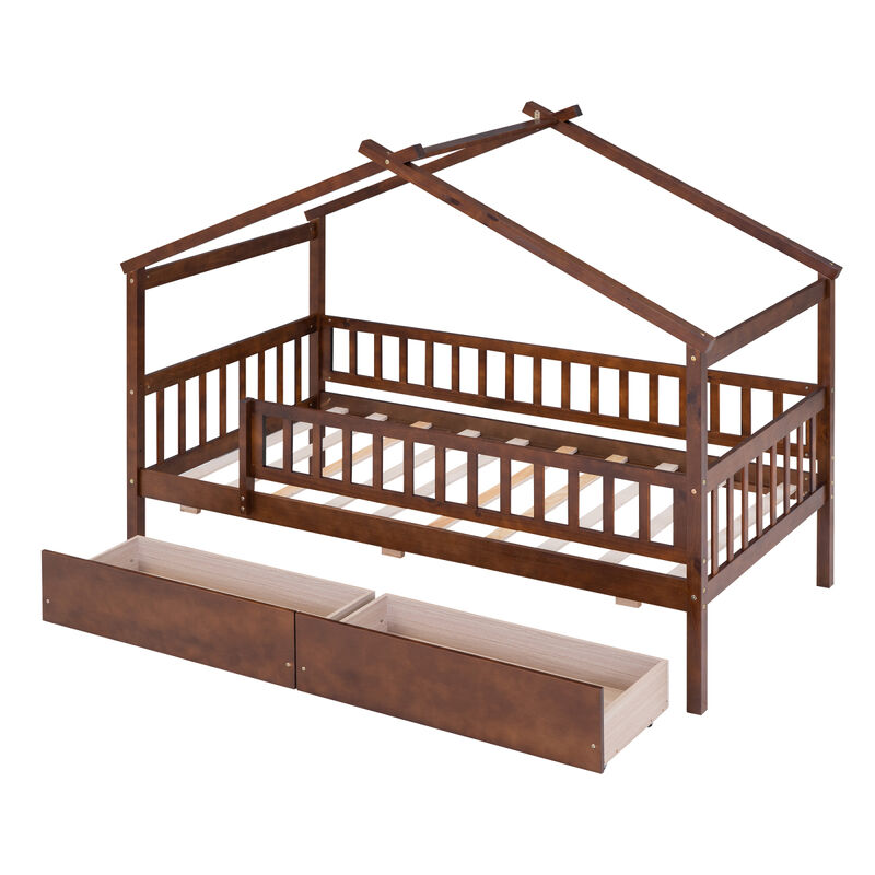 Streamdale Twin Size Wooden House Bed With Two Drawers, Walnut