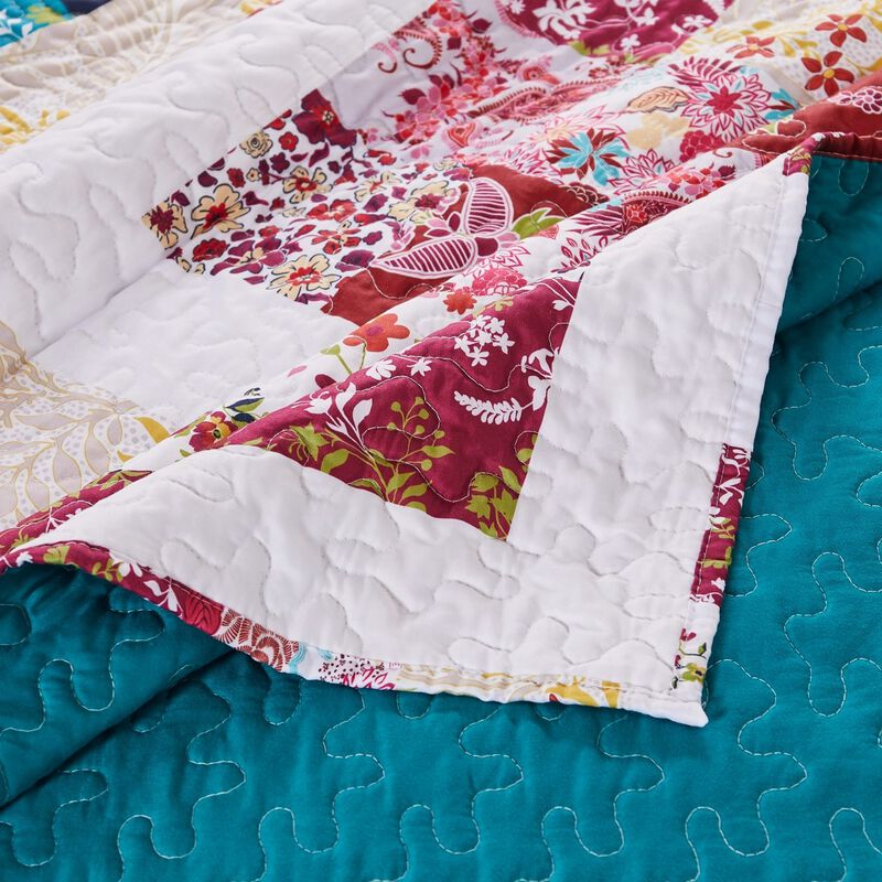 Zay 60 Inch Throw Blanket, Patchwork Floral Print, Teal Blue Microfiber-Benzara