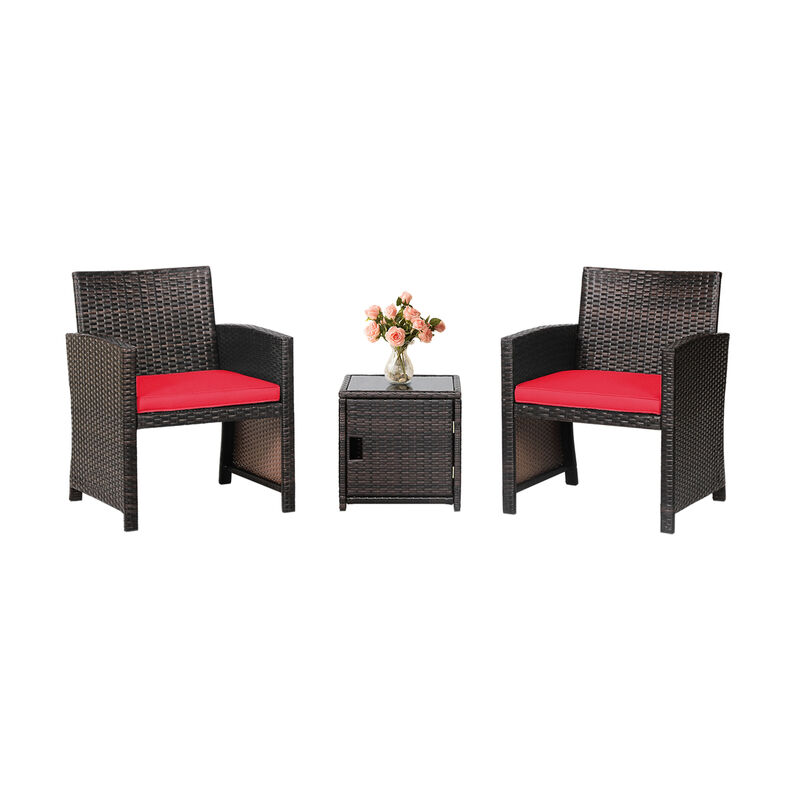 3-Piece Patio Wicker Furniture Set with Storage Table and Protective Cover - Red