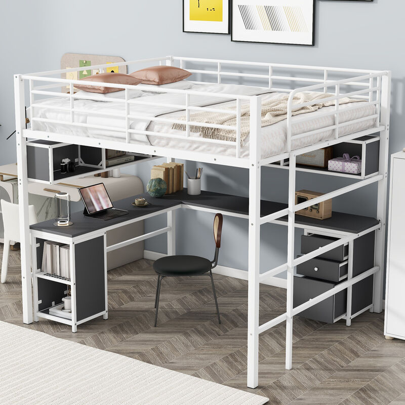 Merax Metal Loft Bed with Bookcase and Desk