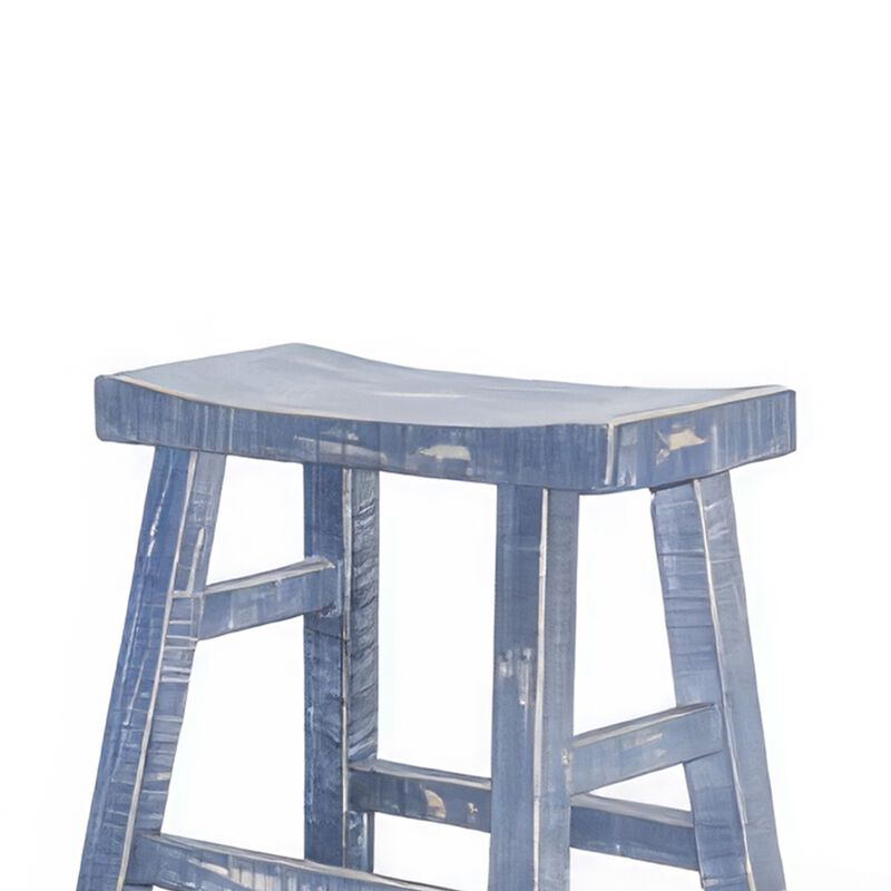 Rena Counter Stool Set of 2, Saddle Seat, Ocean Blue Mahogany Wood - Benzara