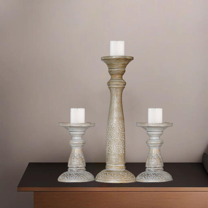 Traditional Gray Wash Eco-friendly Handmade Mango Wood Set Of Three 6",15" & 6" Pillar Candle Holder BBH Homes