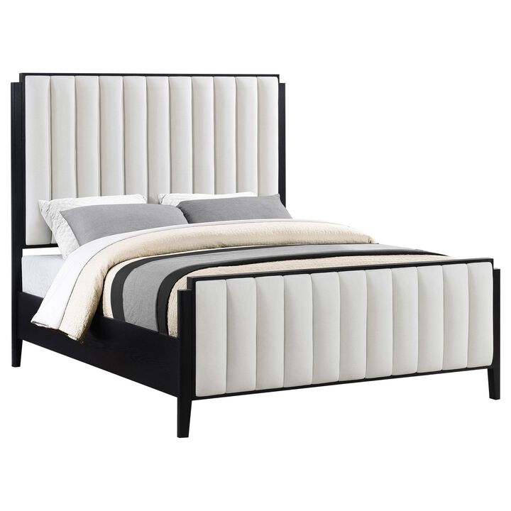 Jack California King Size Bed, Channel Tufted Ivory Upholstery, Black - Benzara