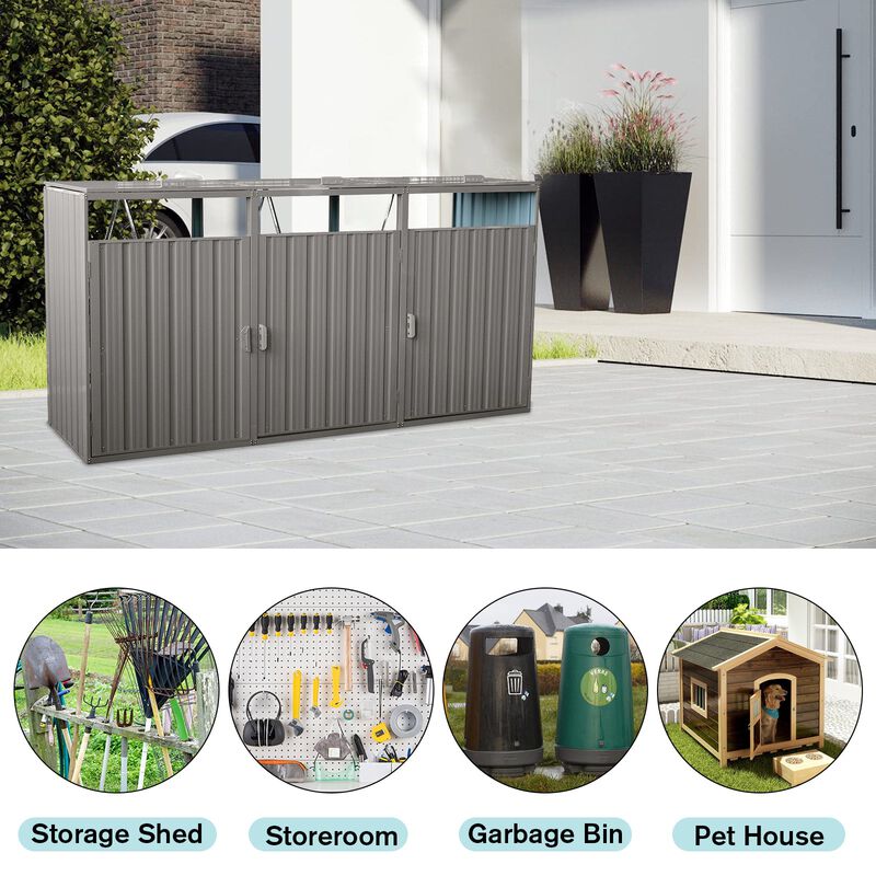 MONDAWE Garbage Bin Shed Stores 3 Trash Cans Metal Outdoor Bin Shed for Garbage Storage,Stainless Galvanized Steel, Bin Shed for Garden Yard Lawn