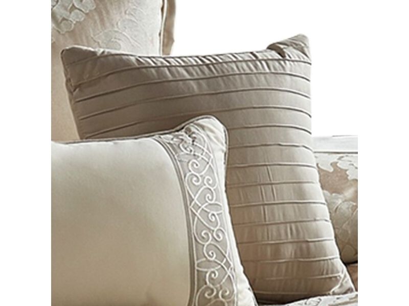 9 Piece Queen Polyester Comforter Set with Damask Print, Cream and Gold - Benzara
