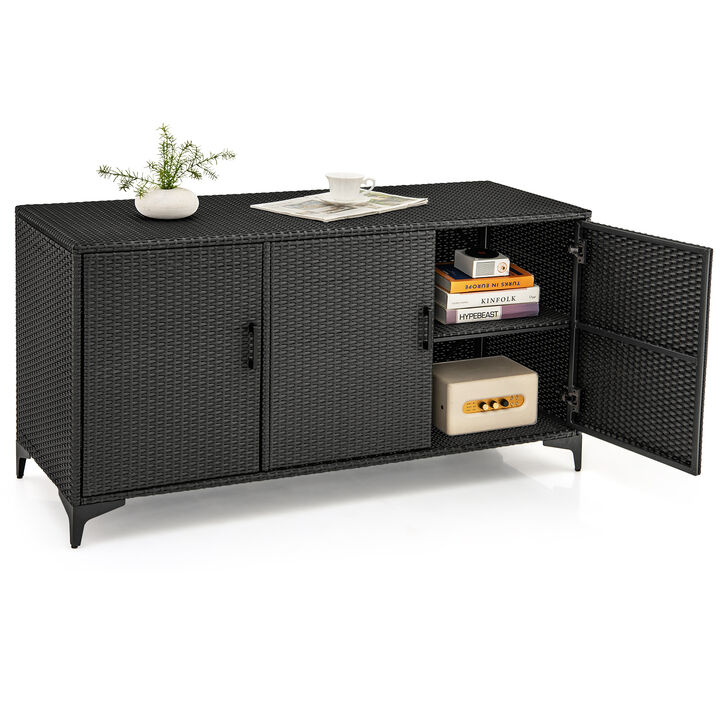 84 Gallon Patio Wicker Deck Box 3-Door PE Rattan Storage Container with Removable Shelves-Brown