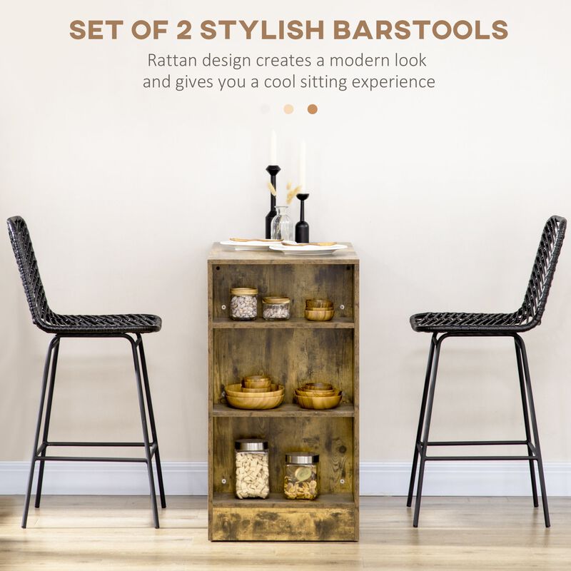 Black Rattan Barstools: Set of 2, Counter Height, Steel Legs