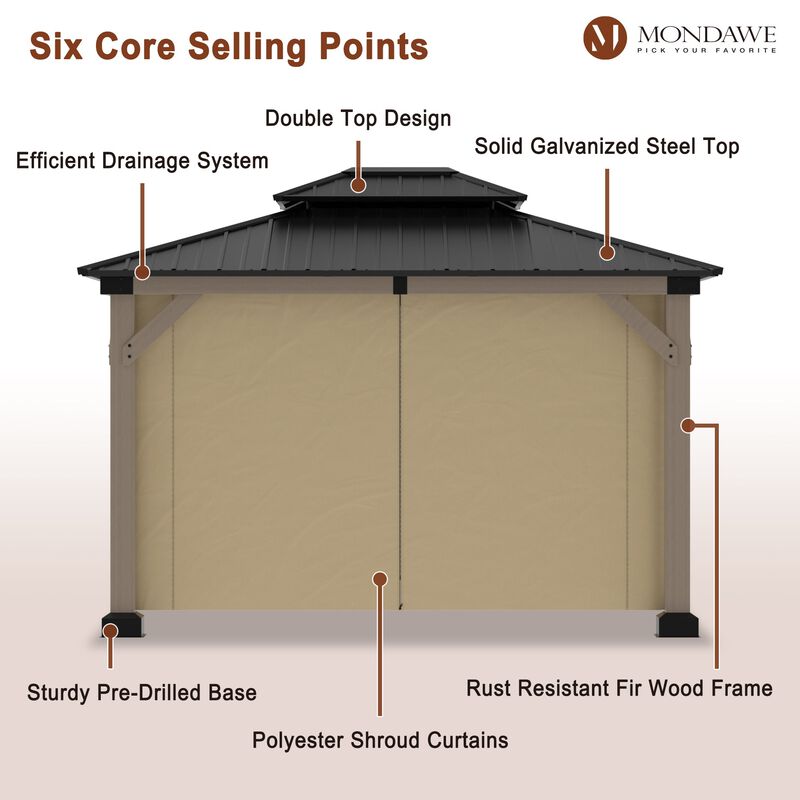 Mondawe Beverly Hills 10 ft. x 12 ft. Outdoor Fir Solid Wood Frame Patio Gazebo Canopy Shelter Galvanized Steel Hardtop Curtain