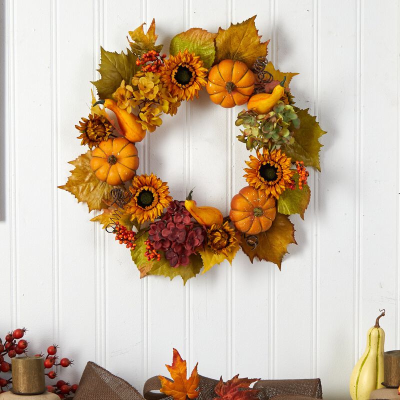 Hivvago 22" Autumn Hydrangea, Pumpkin and Sunflower Artificial Fall Wreath