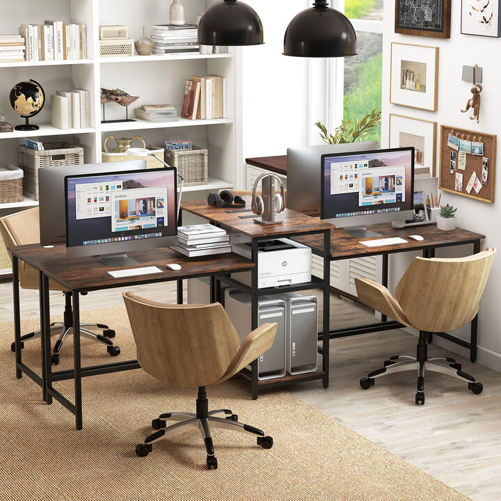 2-Person Computer Desk with Power Outlet and Built-in Printer Stand for Office