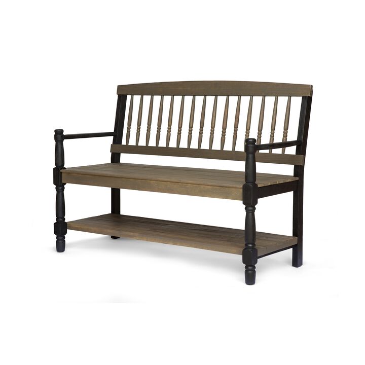 Ikra Outdoor Bench with Shelf, 51 Inch Carved Gray Acacia Wood, Black - Benzara