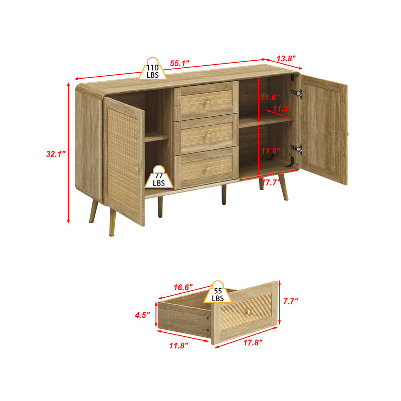 FUFU&GAGA Modern Rattan Dresser with Gold Handles & Legs, 3 Drawers & 2 Cabinets, Natural Wood Finish (55.1" W x 13.8" D x 32.1" H),White