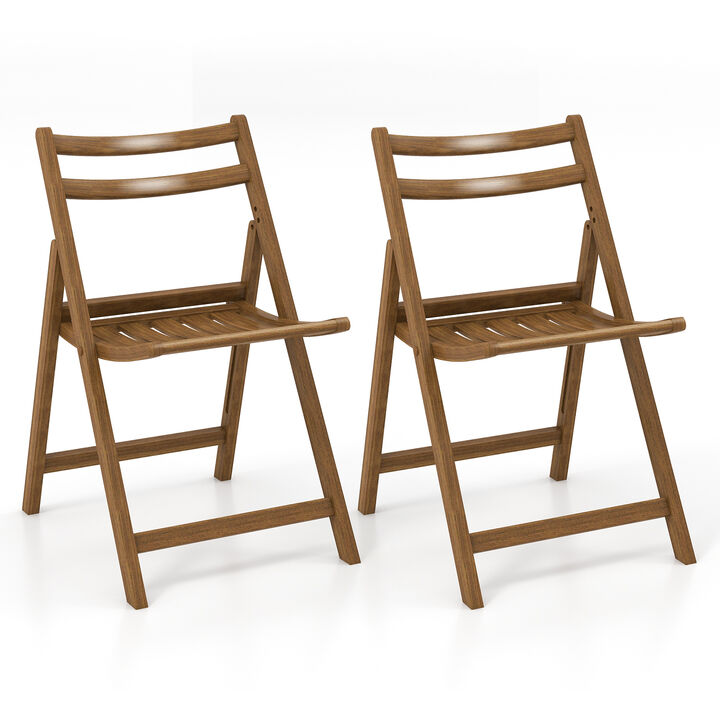 Rubber Wood Frame and Folding Dining Chair Set of 2 with Slatted Seat