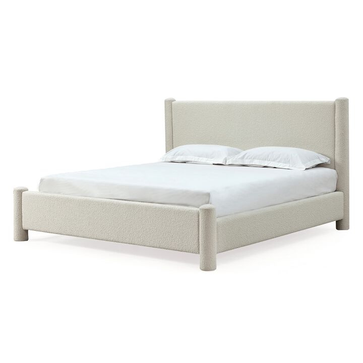 Kizo King Size Platform Bed, Cream Boucle Fabric, Panel Headboard, Slats - Benzara