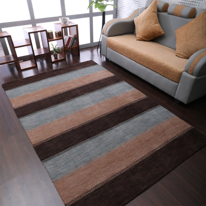 RUGSOTIC CARPETS HAND KNOTTED LOOM WOOL ECO-FRIENDLY AREA RUGS  - 6'x9', Rectangle, Brown Light Blue Color, Contemporary Modern Design, High Pile Handmade Anti Skid Rugs for Living Room (L00206)