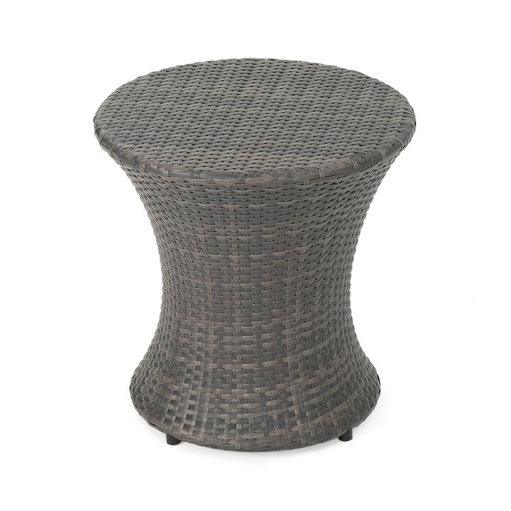 Loco Outdoor Side Table, Hourglass Shape, Round 20 Inch, Gray Rattan - Benzara