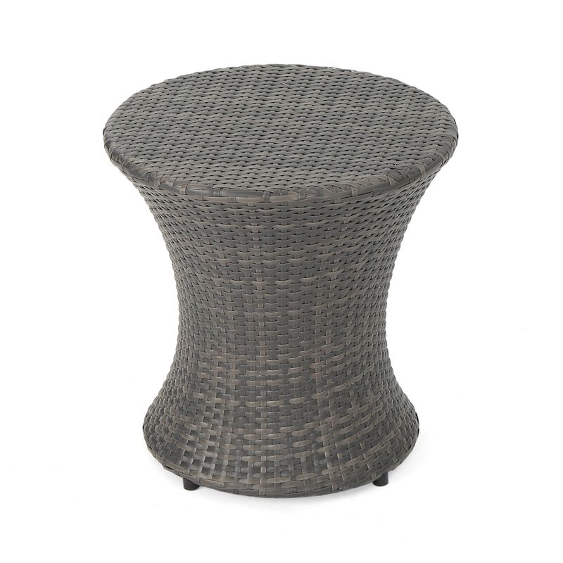 Loco Outdoor Side Table, Hourglass Shape, Round 20 Inch, Gray Rattan - Benzara