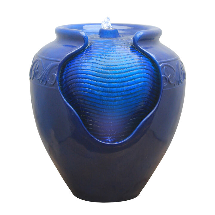 Teamson Home Outdoor Glazed Pot Floor Fountain with LED Lights, Royal Blue