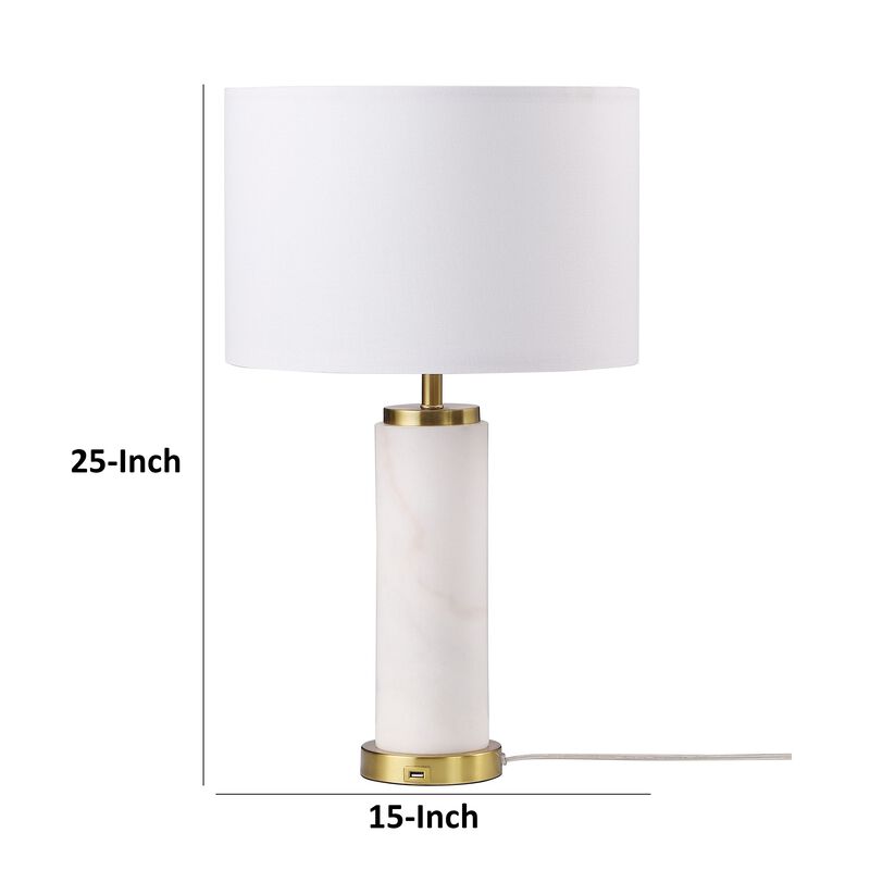 25 Inch Table Lamp, White Fabric Drum Shade, Modern Gold Metal Round Base - Benzara