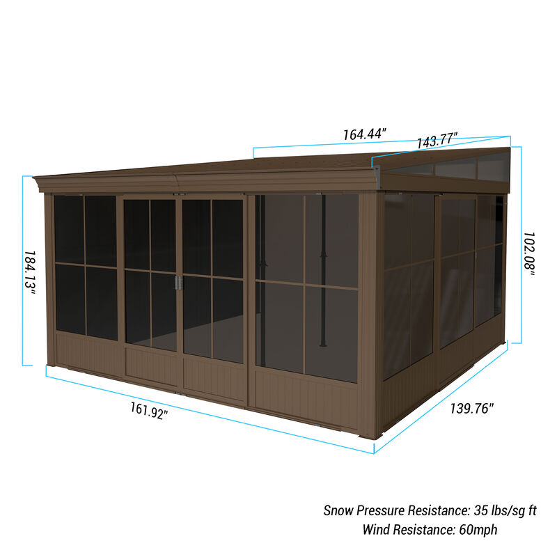 MONDAWE 12x14FT Hardtop Wall Mounted Gazebo Lean to Gazebo with Sloping Galvanized Steel Roof, Aluminum Frame, Drainage System, Curtains and Netting