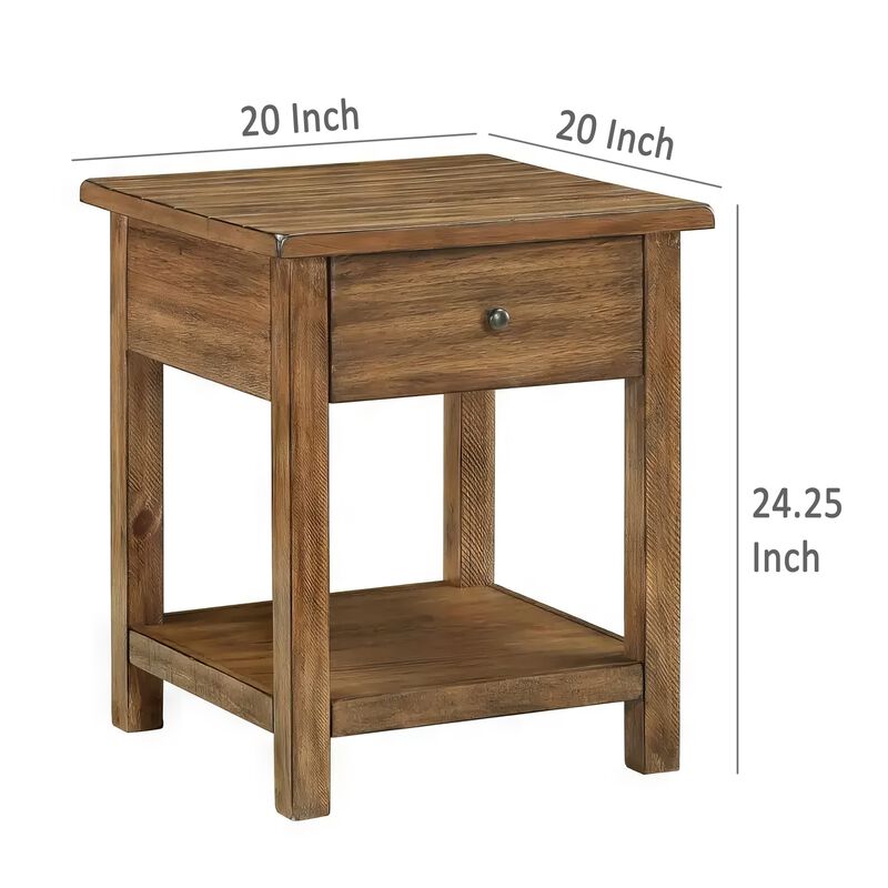 Ayne Side End Table, 1 Shelf, 1 Drawer, Brown Wood, Square 20 Inch - Benzara