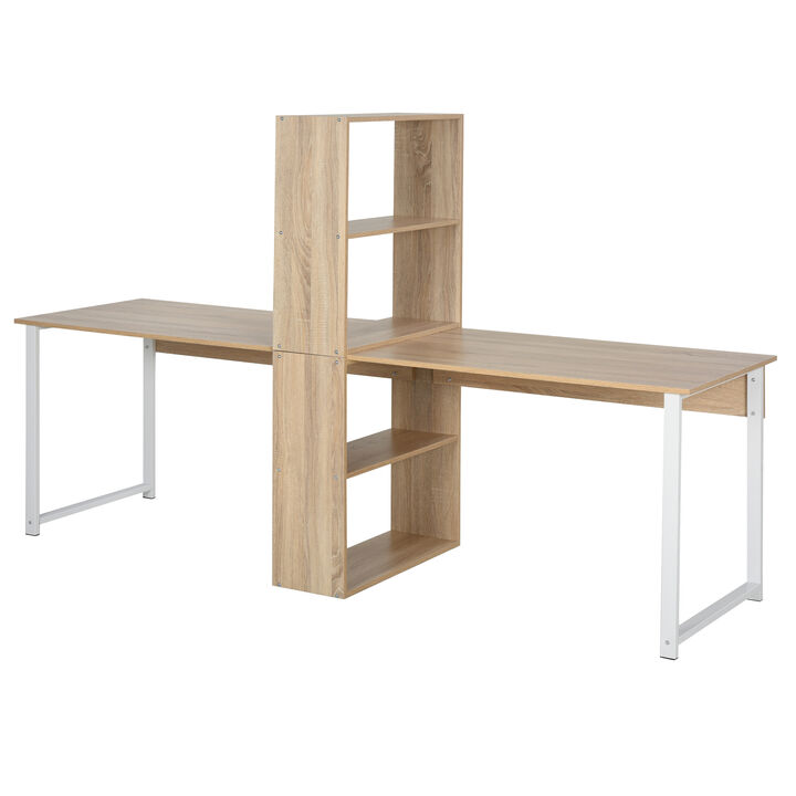 HOMCOM 88" Extra Long 2-Person Computer Desk with Storage Shelves Combo, Double Workstation Storage Study Writing Table for Home Office, Bookshelf, Black