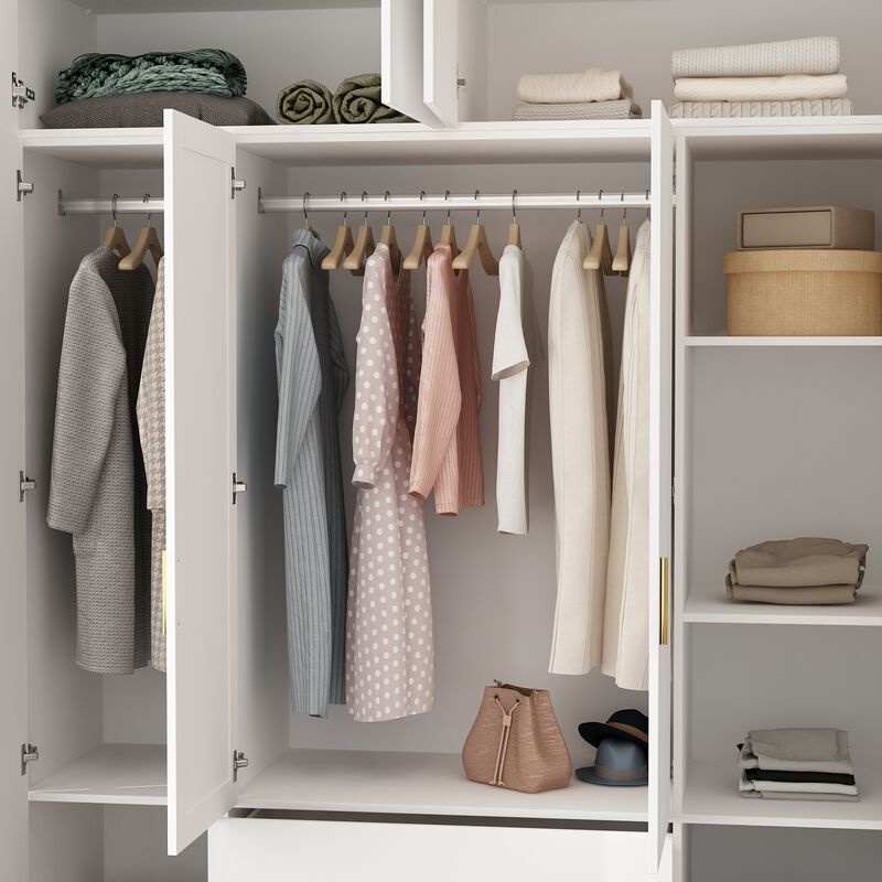FUFU&GAGA Four-Door Wardrobe with Mirror, Top Cabinet, and Drawers (63" W x 19.7" D x 94.5" H),White