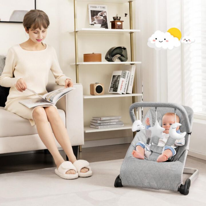 Hivvago Foldable Baby Bouncer with Removable Fabric Cover and Toy Bar-Gray